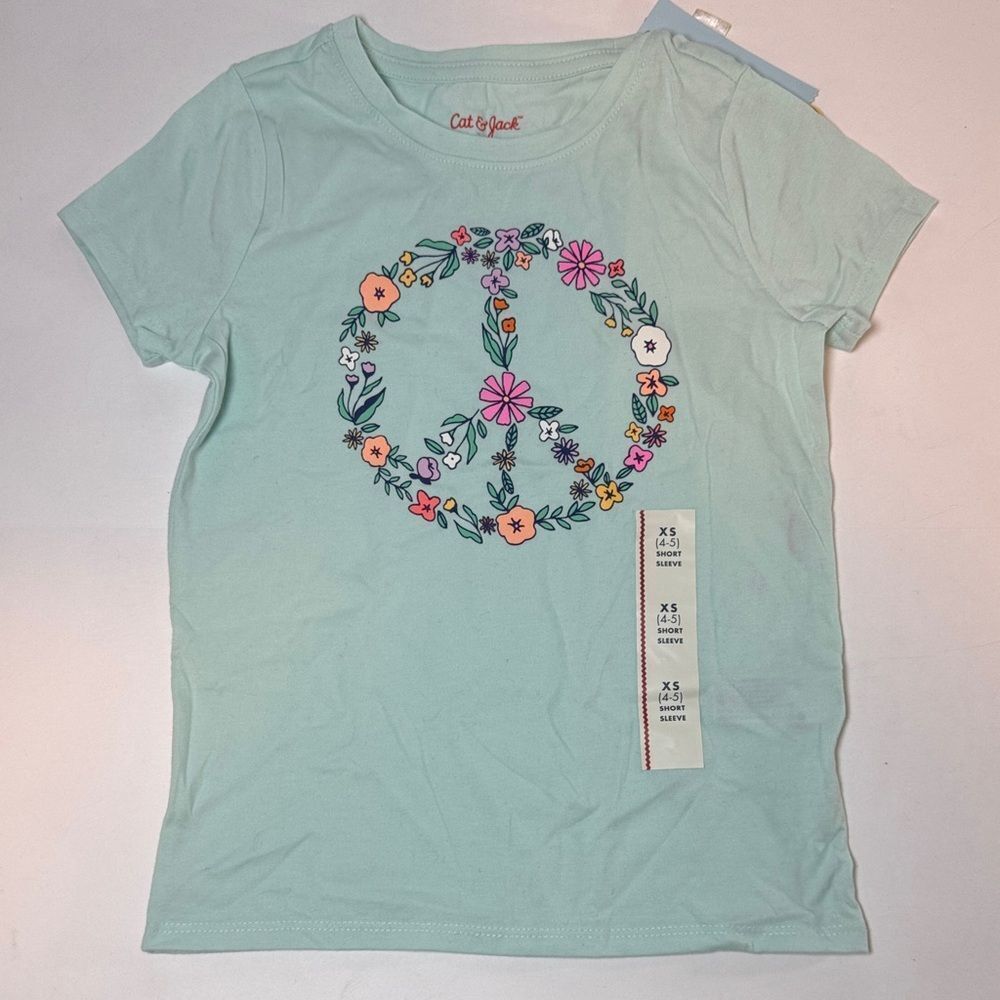 NWT Cat & Jack Kids Light Green Floral Peace Short Sleeve Tee Size XS (4/5)